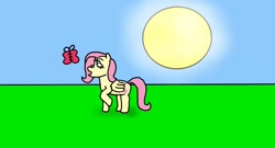 Size: 1280x690 | Tagged: safe, artist:whistle blossom, imported from derpibooru, fluttershy, butterfly, pegasus, pony, :o, autodesk sketchbook, curious, cute, day, digital art, duo, female, mare, one hoof raised, open mouth, raised hoof, shyabetes, sky, solo, sun, wallpaper