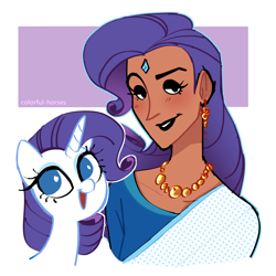 Size: 2500x2500 | Tagged: safe, artist:syrupyyy, artist:watchoutoprah, imported from derpibooru, rarity, human, pony, unicorn, alternate hairstyle, dark skin, duo, ear piercing, earring, eyeshadow, female, grin, humanized, indian, jewelry, lipstick, makeup, mare, necklace, open mouth, piercing, self paradox, self ponidox, smiling