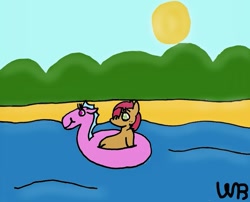 Size: 853x690 | Tagged: safe, artist:whistle blossom, imported from derpibooru, babs seed, earth pony, pony, semi-anthro, adorababs, autodesk sketchbook, cute, day, digital art, female, filly, floaty, foal, freckles, inflatable toy, inner tube, misleading thumbnail, relaxing, signature, solo, sun, water