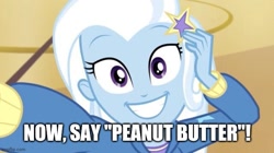 Size: 667x374 | Tagged: safe, edit, edited screencap, imported from derpibooru, screencap, trixie, human, do it for the ponygram!, equestria girls, equestria girls series, spoiler:eqg series (season 2), caption, cute, diatrixes, female, image macro, imgflip, looking at you, solo, teeth, text, that human sure does love peanut butter crackers