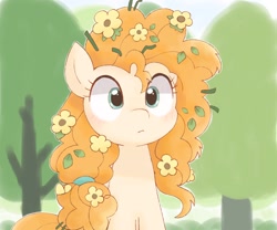 Size: 1920x1596 | Tagged: dead source, safe, artist:arrow__root, artist:ginmaruxx, imported from derpibooru, pear butter, earth pony, pony, season 7, the perfect pear, blushing, cute, female, flower, flower in hair, mare, messy mane, pearabetes, scene interpretation, sitting, solo