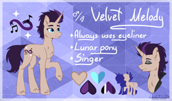 Size: 2214x1306 | Tagged: safe, artist:lambydwight, imported from derpibooru, oc, oc only, oc:velvet melody, pony, unicorn, reference sheet, solo