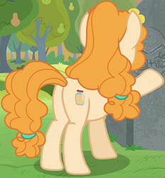 Size: 691x745 | Tagged: safe, imported from derpibooru, screencap, pear butter, earth pony, pony, the perfect pear, butt, cropped, female, mare, pear butt, plot, raised hoof, solo
