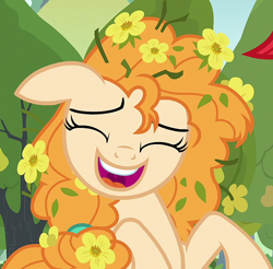 Size: 976x961 | Tagged: safe, imported from derpibooru, screencap, pear butter, earth pony, pony, the perfect pear, cropped, cute, eyes closed, female, floppy ears, flower, flower in hair, laughing, mare, messy mane, open mouth, pearabetes, uvula, uvula shaking