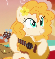 Size: 967x1039 | Tagged: safe, imported from derpibooru, screencap, pear butter, earth pony, pony, the perfect pear, cropped, cute, female, flower, flower in hair, guitar, mare, musical instrument, pearabetes, solo