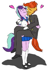 Size: 733x1081 | Tagged: safe, anonymous artist, derpibooru exclusive, imported from derpibooru, starlight glimmer, sunburst, anthro, unicorn, bridal carry, carrying, clothes, cute, female, glasses, glimmerbetes, heart, kissing, male, mare, mary janes, romantic, sailor uniform, school uniform, shipping, shoes, simple background, skirt, smooch, stallion, starburst, straight, sunbetes, sunburst's glasses, uniform, white background, zettai ryouiki