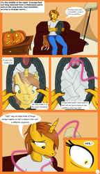 Size: 1500x2600 | Tagged: safe, artist:nitefire, imported from derpibooru, oc, oc only, oc:courage fire, anthro, unicorn, comic:the cursed mirror, breasts, clothes, comic, couch, digital art, female, halloween, holiday, horn, jack-o-lantern, magic, mirror, pants, pumpkin, shirt, shrunken pupils, sitting, solo, solo female, speech bubble, tail, text