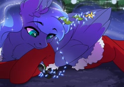 Size: 3507x2481 | Tagged: safe, artist:arctic-fox, imported from derpibooru, princess luna, oc, alicorn, bat pony, pony, bat pony oc, bat wings, christmas, christmas lights, clothes, garland, hat, holiday, macro, macro/micro, micro, santa hat, size difference, sleeping, stockings, string lights, thigh highs, wings