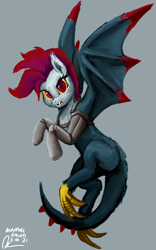 Size: 1600x2560 | Tagged: safe, artist:raphaeldavid, imported from derpibooru, oc, oc only, oc:atricia firestone, cockatrice, cockatrice pony, hybrid, monster pony, original species, amputee, angry, fangs, female, flying, gray background, hybrid oc, looking at you, mare, prosthetic limb, prosthetics, red eyes, robotic legs, simple background, solo, wing arms
