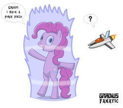 Size: 1741x1540 | Tagged: safe, artist:gradiusfanatic, imported from derpibooru, pinkie pie, earth pony, pony, bipedal, crossover, female, force field, gradius, looking at you, open mouth, plane, vic viper