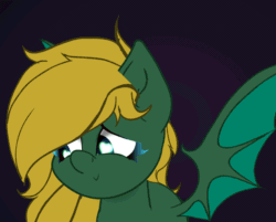 Size: 1344x1080 | Tagged: safe, artist:theotherpony, imported from derpibooru, oc, oc only, oc:midnight lightning, bat pony, pony, animated, bat wings, blushing, commission, cute, eyeshadow, fangs, female, gif, kissing, looking at you, looking away, makeup, ocbetes, perfect loop, wings, ych result
