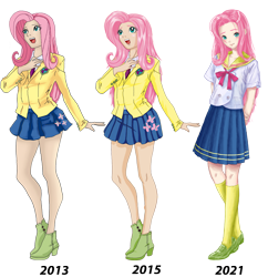 Size: 3969x4092 | Tagged: safe, artist:erim-kawamori, imported from derpibooru, fluttershy, human, 2013, 2015, 2021, boots, clothes, coat, comparison, cute, female, flats, high heel boots, humanized, miniskirt, necktie, open mouth, school uniform, schoolgirl, shirt, shoes, short skirt, shyabetes, simple background, skirt, socks, solo, stockings, thigh highs, transparent background