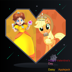 Size: 2543x2549 | Tagged: safe, artist:creaciones-jean, artist:dashiesparkle, artist:estories, artist:user15432, imported from derpibooru, applejack, earth pony, human, pony, apple daisy, cowboy hat, crack shipping, crossover, crossover shipping, crown, duo, envelope, flower, flower in hair, happy valentines day, hat, heart, holiday, jewelry, looking at you, nintendo, princess daisy, regalia, shipping, smiling, super mario bros., valentine, valentine's day, valentine's day card