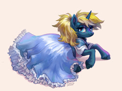 Size: 2912x2175 | Tagged: safe, artist:lunnita_pony, imported from derpibooru, oc, oc only, oc:maple parapet, pony, unicorn, clothes, cute, dress, female, hoof fluff, lidded eyes, looking at you, lying down, mare, ocbetes, prone, simple background, smiling, solo, unshorn fetlocks, white background