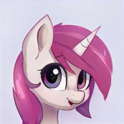 Size: 1024x1024 | Tagged: safe, artist:thisponydoesnotexist, imported from derpibooru, pony, ai content, ai generated, bust, generator:thisponydoesnotexist, horn, looking at you, neural network, not roseluck, open mouth, portrait, simple background, solo