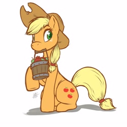 Size: 1250x1250 | Tagged: safe, artist:lou_art_93, imported from derpibooru, applejack, earth pony, pony, apple, bucket, colored pupils, cowboy hat, female, food, hat, looking sideways, mare, mouth hold, raised hoof, signature, simple background, sitting, solo, white background