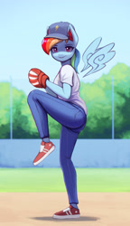 Size: 1800x3122 | Tagged: safe, artist:mrscroup, imported from derpibooru, rainbow dash, anthro, pegasus, plantigrade anthro, baseball, baseball cap, baseball glove, butt, cap, clothes, floating wings, gloves, hat, jeans, looking at you, no tail, pants, plot, shoes, sneakers, solo, sports, wings