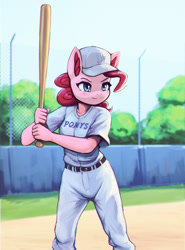 Size: 1900x2570 | Tagged: safe, artist:mrscroup, imported from derpibooru, pinkie pie, anthro, earth pony, baseball, baseball bat, baseball cap, cap, clothes, cutie mark accessory, ear fluff, female, hat, smiling, solo, sports, uniform