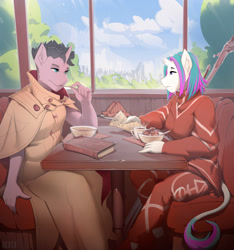 Size: 2919x3115 | Tagged: safe, artist:okata, imported from derpibooru, oc, oc:bucky, oc:diamond mind, anthro, unicorn, book, booth, broken horn, city, clothes, coffee, diacky, female, food, horn, ice cream, looking at each other, male, oc x oc, shipping, sitting, sword, table, tree, unicorn oc, weapon, window