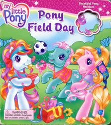 Size: 1280x1450 | Tagged: safe, artist:heckyeahponyscans, artist:lyn fletcher, imported from derpibooru, cupcake (g3), minty, sunny daze (g3), earth pony, pony, bag, bipedal, blowing, blowing whistle, book, braid, bubble, bubble wand, clipboard, clothes, cover, cover page, dandelion, female, flag, flower, flying, football, g3, jump rope, kicking, liquid soap, official, official book, pony field day, ponytail, ribbon, scrunchie, soap, soccer ball (object), t-shirt, t-shirts, trio, trio female, visor, whistle
