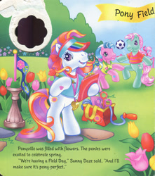 Size: 1280x1445 | Tagged: safe, artist:heckyeahponyscans, artist:lyn fletcher, imported from derpibooru, minty, sunny daze (g3), sweet breeze, earth pony, pony, bag, banner, bipedal, bow, bubble, bubble wand, clipboard, clothes, dribbling, female, flag, flower, football, g3, handwritten text, holding a pencil, jump rope, kicking, looking at you, pencil, polo shirt, pony field day, soccer ball (object), stone path, t-shirt, t-shirts, trio, trio female, tulip, visor, whistle