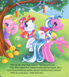 Size: 1280x1441 | Tagged: safe, artist:heckyeahponyscans, artist:lyn fletcher, imported from derpibooru, cupcake (g3), sunny daze (g3), sweet breeze, clothes, dandelion, dandelion seeds, flower, flower in hair, flower jump rope, g3, hanging, heart, jump rope, official, petals, polo shirt, pony field day, ponytail, scan, scrunchie, smiling, t-shirt, t-shirts, tree, visor