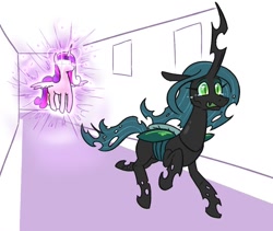 Size: 1016x859 | Tagged: safe, artist:jargon scott, imported from derpibooru, part of a set, princess cadance, queen chrysalis, alicorn, changeling, changeling queen, pony, adorable distress, aura, battle aura, crying, crysalis, cute, duo, female, floating boy chasing running boy, glowing eyes, hallway, levitation, magic, mare, meme, ponified meme, princess of love, running, scared, telekinesis, unlimited power