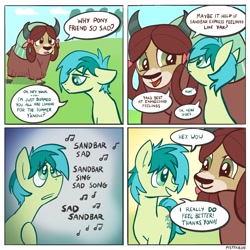 Size: 2048x2048 | Tagged: safe, artist:pfeffaroo, imported from derpibooru, sandbar, yona, earth pony, pony, yak, she's all yak, 4 panel comic, bow, cloven hooves, comic, cute, dialogue, duo, female, hair bow, high res, looking at each other, male, monkey swings, music notes, role reversal, sad, singing, speech bubble, support