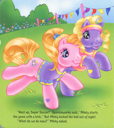 Size: 1280x1428 | Tagged: safe, artist:heckyeahponyscans, artist:lyn fletcher, imported from derpibooru, cupcake (g3), daisyjo, clothes, decoration, flower, g3, greener than green meadow, headband, implied minty, implied sparkleworks, mini flags, official, official book, playing, pole, pony field day, running, scrunchie, super soccer, t-shirt, t-shirts