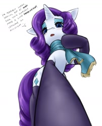 Size: 1358x1678 | Tagged: safe, artist:alloyrabbit, imported from derpibooru, rarity, pony, unicorn, blushing, clothes, dialogue, female, giantess, looking down, low angle, macro, scarf, socks, solo, stockings, thigh highs, worm's eye view