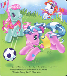 Size: 1280x1436 | Tagged: safe, artist:heckyeahponyscans, artist:lyn fletcher, imported from derpibooru, minty, sunny daze (g3), sweet breeze, pony, braid, clothes, decoration, determined, football, g3, greener than green meadow, kick, leaping, mini flags, overgrown, pole, polo shirt, pony field day, ponytail, ribbon, running, scrunchie, soccer ball (object), soccer field, super soccer, t-shirt, t-shirts, visor