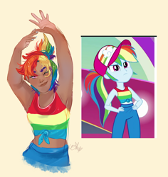 Size: 746x791 | Tagged: safe, artist:bunnari, imported from derpibooru, rainbow dash, human, equestria girls, equestria girls series, i'm on a yacht, spring breakdown, spoiler:eqg series (season 2), alternate hairstyle, armpits, baseball cap, cap, cruise outfit, dark skin, female, hat, human coloration, humanized, midriff, nail polish, one eye closed, solo, wink