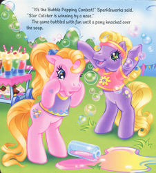 Size: 1280x1419 | Tagged: safe, artist:heckyeahponyscans, artist:lyn fletcher, imported from derpibooru, cupcake (g3), daisyjo, earth pony, pony, bipedal, bubble, cart, clothes, cupcake, decoration, ear down, flower, food, g3, happy, headband, implied sparkleworks, implied star catcher, liquid soap, mini flags, official, one ear down, open mouth, pole, pony field day, ponytail, popping, sad, scan, scrunchie, shocked, shocked expression, soap, soda, spilled, straw, t-shirt, t-shirts