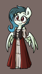 Size: 745x1300 | Tagged: safe, artist:spheedc, imported from derpibooru, oc, oc only, oc:ethereal pelagia, anthro, pegasus, arm behind back, clothes, cute, dress, feathered wings, female, filly, looking at you, pegasus oc, simple background, smiling, solo, spread wings, standing, wings, wings down