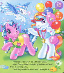 Size: 1280x1453 | Tagged: safe, artist:heckyeahponyscans, artist:lyn fletcher, imported from derpibooru, star catcher, sunny daze (g3), sweet breeze, earth pony, pegasus, pony, balloon, bipedal, bubble, clothes, dandelion, decoration, female, flower, flying, g3, holding balloons, liquid soap, looking at you, mini flags, official, official book, open mouth, party balloon, pole, polo shirt, pony field day, ponytail, scrunchie, shirt, soap, t-shirt, trio, trio female, unsure, visor, whistle