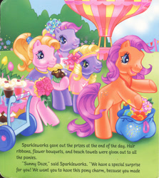 Size: 1280x1432 | Tagged: safe, artist:heckyeahponyscans, artist:lyn fletcher, imported from derpibooru, cupcake (g3), daisyjo, sparkleworks, triple treat, earth pony, pony, apron, bag, bipedal, bouquet, bouquet of flowers, cart, clothes, cupcake, cupcake in hoof, eating, female, flower, flower in hair, food, g3, hair ribbon, headband, heart, hot air balloon, jewelry, necklace, official, pony field day, ponytail, ribbon, scan, scrunchie, soda, stopwatch, straw, t-shirt, t-shirts, towel, tulip, watch