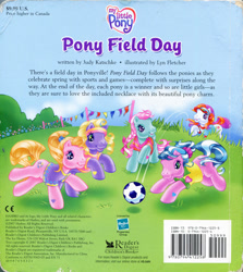 Size: 1280x1438 | Tagged: safe, artist:heckyeahponyscans, artist:lyn fletcher, imported from derpibooru, cupcake (g3), daisyjo, minty, sunny daze (g3), sweet breeze, pony, back cover, bar code, book, clothes, decoration, description, determined, football, g3, greener than green meadow, hasbro logo, headband, heart, kick, leaping, mini flags, official, official book, overgrown, playing, pole, polo shirt, pony field day, ponytail, reader's digest, running, scrunchie, soccer ball (object), soccer field, sports, sports outfit, stripes, t-shirt, t-shirts, visor