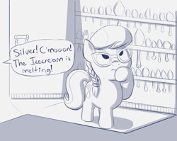 Size: 1567x1245 | Tagged: safe, artist:heretichesh, imported from derpibooru, silver spoon, earth pony, pony, braid, closet, dialogue, door, female, filly, glasses, offscreen character, solo, spoon, text, thinking