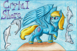 Size: 2188x1465 | Tagged: safe, artist:armorwing, imported from derpibooru, oc, oc only, dolphin, pegasus, pony, female, looking back, mare, pegasus oc, raised hoof, traditional art, wings