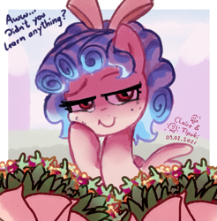 Size: 1087x1103 | Tagged: safe, artist:fipoki, imported from derpibooru, cozy glow, pegasus, pony, bouquet, cheek squish, devious smile, dialogue, evil grin, female, filly, flower, freckles, full body, grin, it's a trap, smiling, solo, squishy cheeks, talking, this will not end well, wings