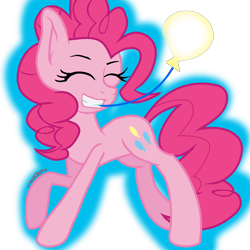Size: 1080x1080 | Tagged: safe, artist:juliet-gwolf18, imported from derpibooru, pinkie pie, earth pony, pony, balloon, eyelashes, eyes closed, female, grin, looking back, mare, mouth hold, ponk, simple background, smiling, solo, transparent background