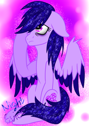 Size: 1547x2187 | Tagged: safe, artist:juliet-gwolf18, imported from derpibooru, oc, oc only, pegasus, pony, abstract background, bags under eyes, ethereal mane, eyelashes, pegasus oc, raised hoof, sitting, solo, starry mane, two toned wings, wings
