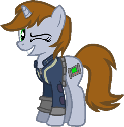 Size: 437x448 | Tagged: safe, artist:beanbases, artist:pegasski, imported from derpibooru, oc, oc only, oc:littlepip, pony, unicorn, fallout equestria, base used, clothes, eyelashes, female, grin, horn, mare, one eye closed, show accurate, simple background, smiling, solo, transparent background, wink