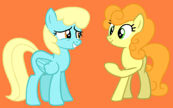 Size: 854x533 | Tagged: safe, artist:katliynrusshia, artist:maddieadopts, imported from derpibooru, carrot top, golden harvest, sassaflash, earth pony, pegasus, pony, background pony, base used, blank flank, buddies, carrotflash, cute, cutie top, duo, duo female, female, folded wings, friends, g4, grin, lesbian, mare, narrowed eyes, orange background, sassabetes, shipping, simple background, smiling, wings