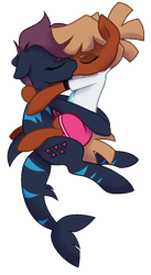 Size: 654x1191 | Tagged: safe, artist:unichan, imported from derpibooru, oc, oc:bloody crunch, oc:calamari sunrise, earth pony, original species, pony, shark, shark pony, female, kissing, lesbian, mare