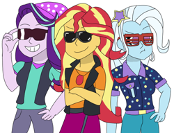 Size: 1132x869 | Tagged: safe, artist:robdog97, imported from derpibooru, starlight glimmer, sunset shimmer, trixie, equestria girls, crossed arms, female, group, magical trio, simple background, sunglasses, trio, white background