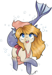 Size: 1690x2424 | Tagged: safe, artist:1eg, oc, oc only, oc:marina, merpony, original species, apron, bandana, bubble, clothes, ear fins, female, looking at you, requested art, simple background, smiling, solo, swimming, transparent background, underwater