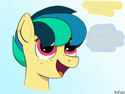 Size: 2998x2260 | Tagged: safe, artist:pinkchalk, ponerpics exclusive, oc, oc only, oc:apogee, pegasus, pony, bust, can't see shit, can't see shit captain, dialogue, female, filly, gradient background, hair over eyes, offscreen character, open mouth, portrait, smiling, solo, vulgar