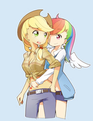 Size: 850x1107 | Tagged: safe, artist:sunyukun, imported from derpibooru, applejack, rainbow dash, human, adorable face, appledash, blue background, butt touch, clothes, cowgirl, cute, feathermarking, female, females only, hat, hug, jeans, lesbian, looking at each other, looking back, pants, shipping, simple background, smiling, wings