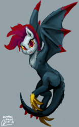 Size: 1600x2560 | Tagged: safe, artist:raphaeldavid, derpibooru exclusive, imported from derpibooru, oc, oc only, oc:atricia firestone, cockatrice, cockatrice pony, hybrid, monster pony, original species, angry, fangs, female, flying, gray background, hole, hybrid oc, looking at you, mare, red eyes, simple background, solo, wing arms